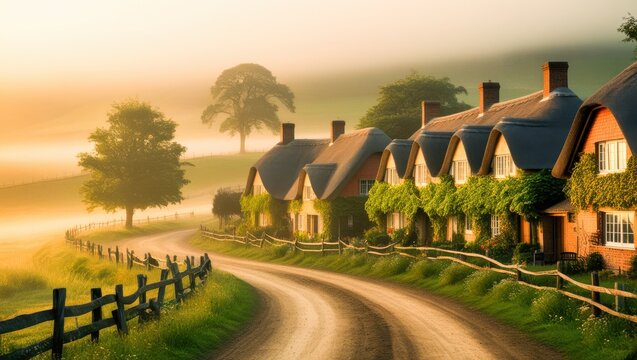 Enchanting Countryside Village Landscape With Traditional Thatched Roof Cottages Winding Road Wooden Rail Fences Lone Tree Warm Morning Sunlight And Misty Rolling Hills Photography
