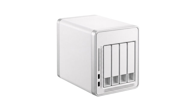 White four-bay network attached storage (nas) device png isolated on transparent background