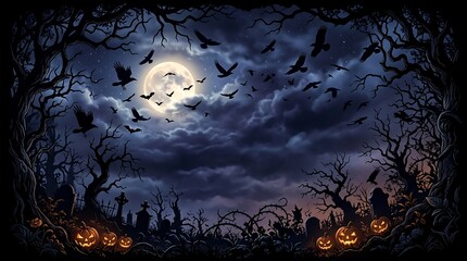 Fototapeta premium Spooky Halloween Night Background with Full Moon Dark Forest Trees Bats and Blue Moonlight Sky Scary Landscape Vector Illustration