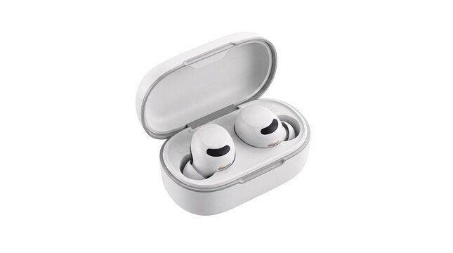 White wireless earbuds with charging case open, showing png isolated on transparent background