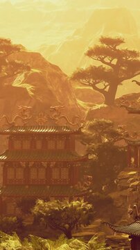 Breathtaking ancient structures rise amidst rugged mountains, enveloped in golden light. Lush greenery surrounds the peaceful scene, creating a tranquil atmosphere at dusk.