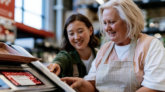 A senior woman learns to use a self-checkout kiosk with the help of a young retail associate in a brightly lit hardware store for customer service and technology training