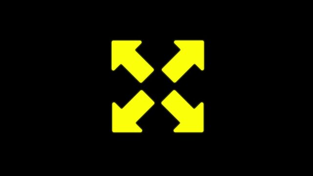 Yellow expand arrows icon pulsating on black background simple digital animation for user interface design.