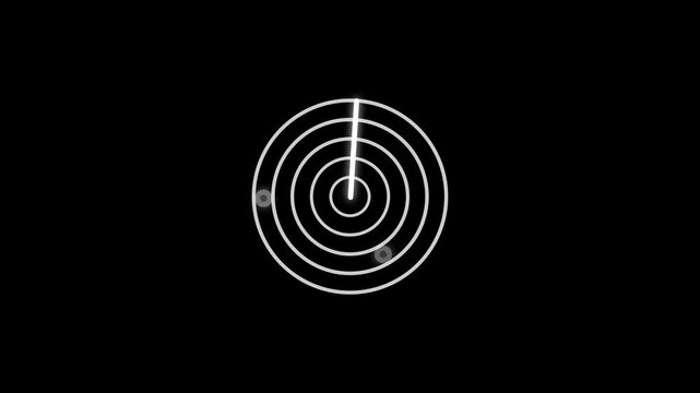 Futuristic radar screen displays sonar pings and moving targets on black background dynamic motion.
