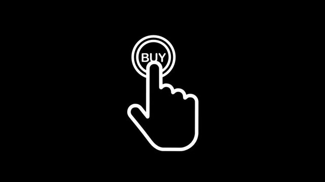 Hand cursor clicks buy button animation on black background, online shopping concept, digital purchase, e-commerce, technology.