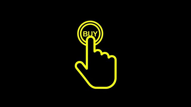 Neon hand clicking buy button icon animation isolated on black background for ecommerce website interface.