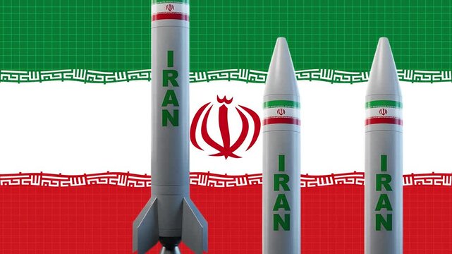 3 d animation of iranian ballistic missiles against national flag background