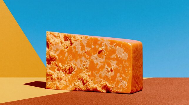 A block of sharp cheddar cheese with crumbly texture stands on a geometric background for gourmet food advertising and dairy packaging design