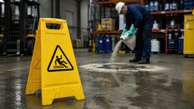 Worker cleaning industrial spill behind caution wet floor sign
