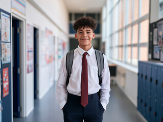 Fototapeta premium Happy schoolboy standing confidently in a modern school hallway