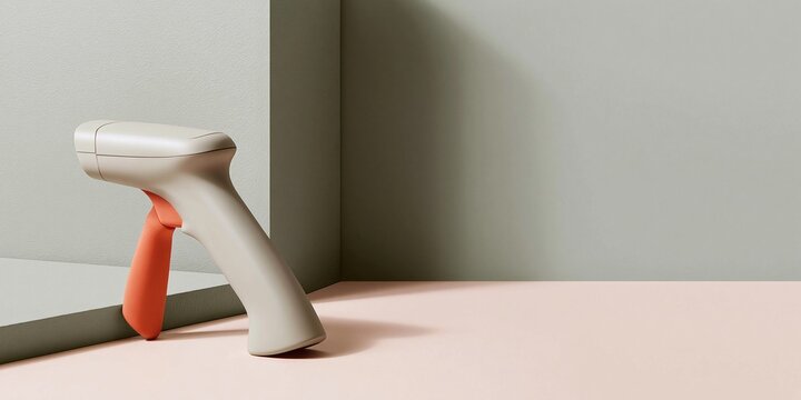 Handheld barcode scanner with amber grip on a minimalist grey surface, providing ample copy space for logistics and inventory management themes