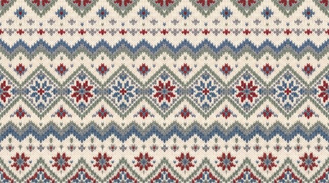 Traditional Nordic knit pattern with repeating geometric snowflakes and zigzags in cream blue and red