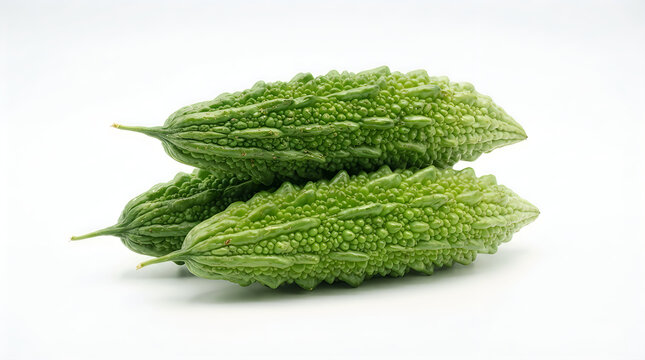 Two fresh bitter gourds stacked on a clean white background for cooking