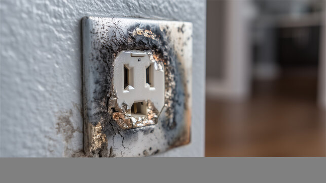 Damaged electrical outlet with burn marks. Unsafe power socket with visible damage, electrical hazard warning for home safety.