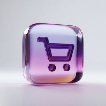 Shopping cart purple glass icon 3d render ecommerce app button Shopping cart purple glass icon 3d render ecommerce app button, glossy transparent