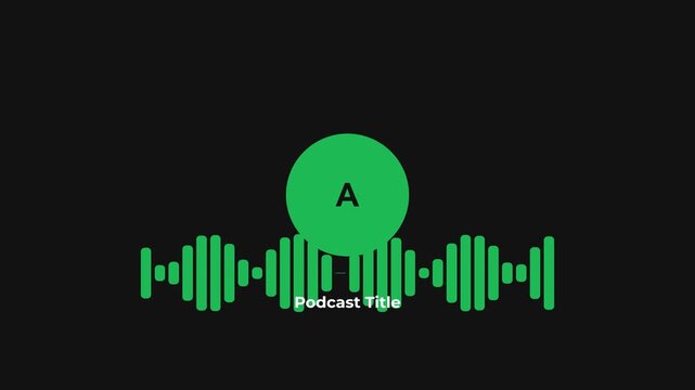Animated sound wave, vibrant green waveform with circle and text, black background, symbolizing audio and music for podcast intro or outro
