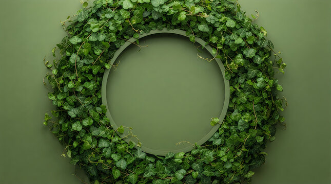 A circular wreath made of fresh green leaves arranged on a solid olive green background providing a natural frame with copy space for your text