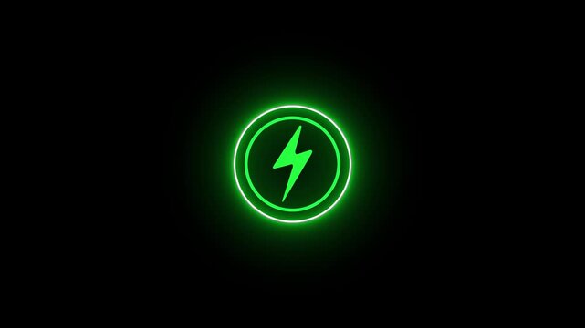 Neon glowing battery charging icon animation with neon circle. Neon power button icon color glowing colorful animation in black background, 4k video.