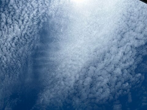 Altocumulus clouds forming a textured pattern across a bright blue sky. Natural cloud formation creating a dramatic atmospheric background suitable for weather, meteorology, climate, and environmental