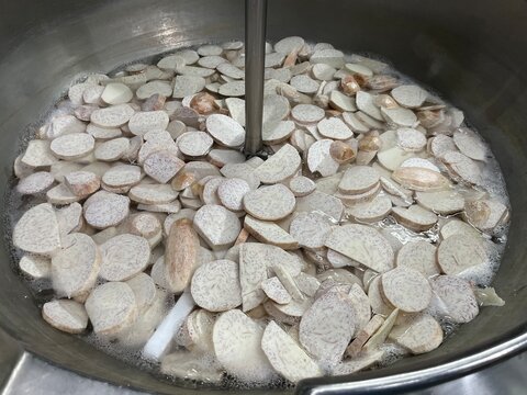Fresh sliced taro placed inside an industrial steam-jacketed mixing kettle before the cooking process. Ingredient preparation stage supporting food manufacturing, filling production, and large-scale c
