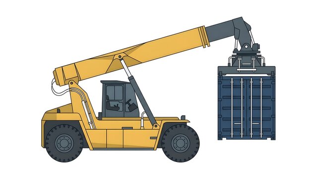 Flat vector illustration of a yellow reach stacker handling a heavy blue shipping container. Concept of port logistics and freight transport.