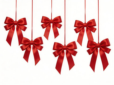 Red bows hanging on white background
