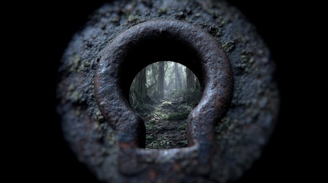 A close-up view through a rusty keyhole, revealing a mysterious forest path bathed in soft, diffused light. The foliage is lush, with dense trees and underbrush visible, creating an inviting yet enig