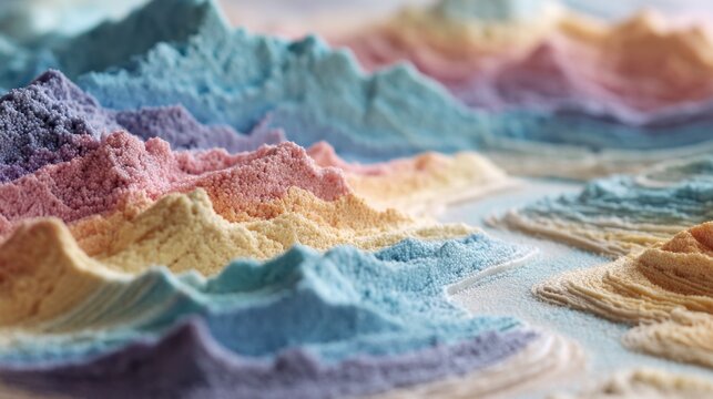 A close-up view of a colorful, sand-like representation of mountain ranges, crafted with finely colored grains. The layered hills showcase a gradient of hues, including pastel pinks, blues, and yello