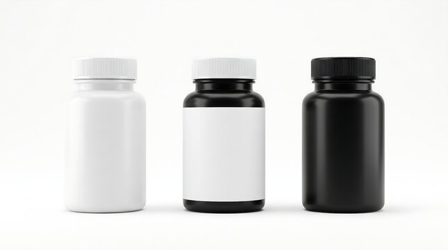 3D Medicine Pill Jars Mockup Collection with White and Black Containers