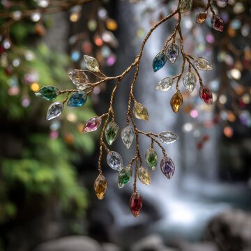 Close-up of an intricately designed decorative branch adorned with vibrant, faceted crystal leaves in various colors, set against a softly blurred background featuring a waterfall and lush greenery.