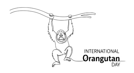 Obraz premium Single Line Drawing of Orangutan Hanging on Branch, International Orangutan Day