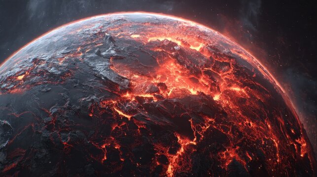 A dramatic depiction of a fiery, volcanic planet surface, showcasing vibrant lava flows against a dark cosmic background. The molten landscape is rich in texture, with glowing reds and oranges contra