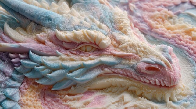 A vividly sculpted dragon head showcases intricate details with a swirl of pastel colors, emphasizing the textures of its scales and features. The composition highlights the artistry involved in crea