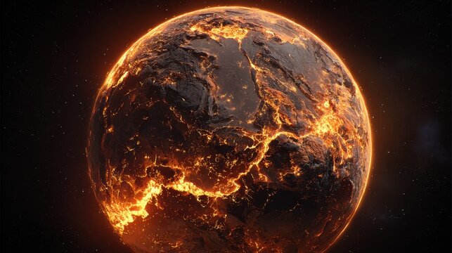 A close-up view of a fiery, molten planet resembling Earth, illuminated by glowing lava fissures and surrounded by a starry black backdrop. The surface showcases a mix of dark rocky textures and brig