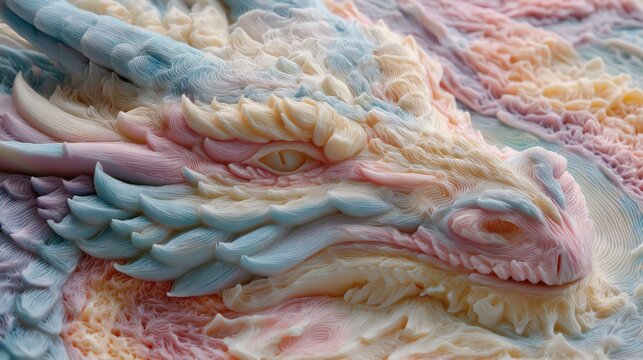 A highly detailed and colorful representation of a dragon's head, crafted with intricate swirling patterns and textures that mimic frosting or delicate icing. The dragon features pale, pastel hues in