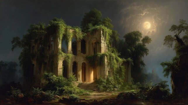 A hauntingly beautiful scene depicting an ancient, vine-covered ruin illuminated by a soft, warm light from an arched doorway. The structure is surrounded by lush greenery, with trees and plants inte