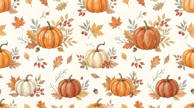 Seamless pattern with watercolor pumpkins and autumn leaves perfect for a festive happy halloween holiday background design