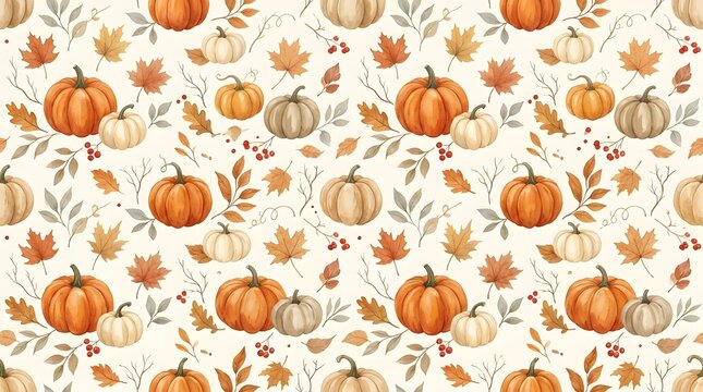 Seamless pattern with watercolor pumpkins and autumn leaves for a festive happy halloween background design