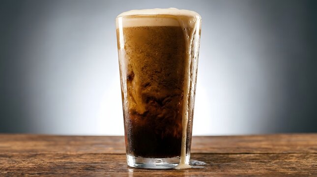 Nitro cold brew coffee with creamy foam head and cascading swirls in glass on wood surface.