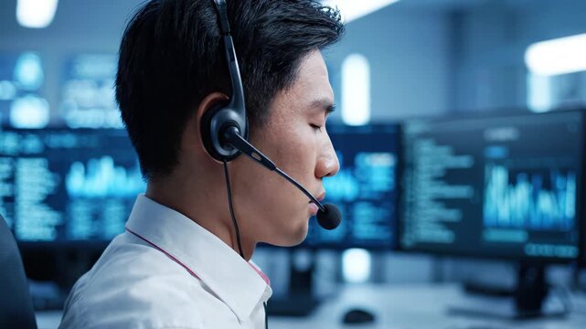 Asian male call center agent wearing headset, monitoring data dashboards in a high-tech control room
