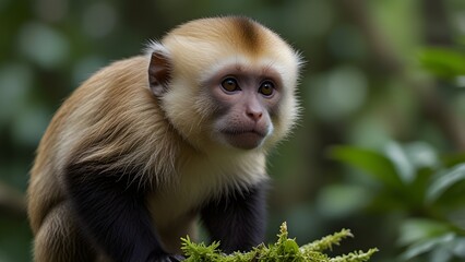 Naklejka premium Young light-colored monkey with dark limbs observing its lush tropical forest environment. Wild primate wildlife.