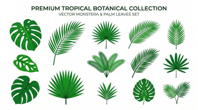 Tropical monstera and palm leaves isolated on white. Lush green foliage botanical set for design and decor.