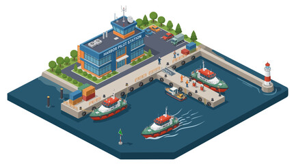 Isometric Harbor with Boats and Port Authority Building © Kompor
