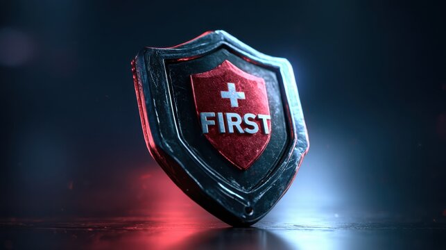 A metallic shield-shaped badge with a red emblem displaying a white cross and the words "FIRST" illuminated with blue and red lighting.
