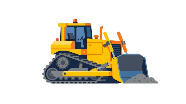Flat vector illustration of a yellow bulldozer moving dirt. Heavy earthmoving construction equipment machine isolated on a white background