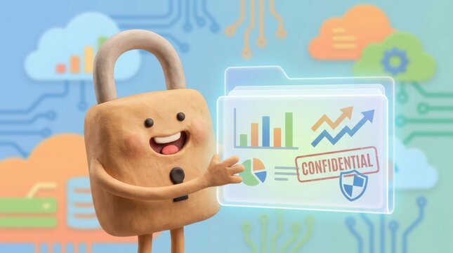 Smiling padlock showing confidential data on tablet