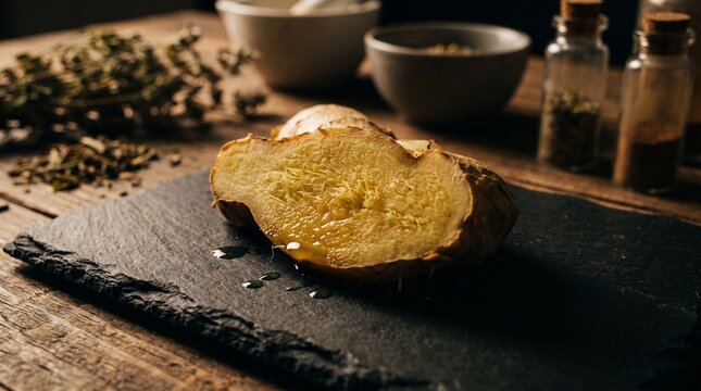 Gourmet macro photography of sliced fresh ginger root showing detailed fibrous texture against dark background.