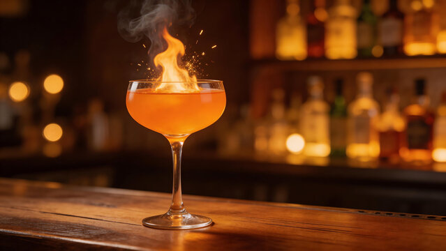 Cocktail with flame on bar counter