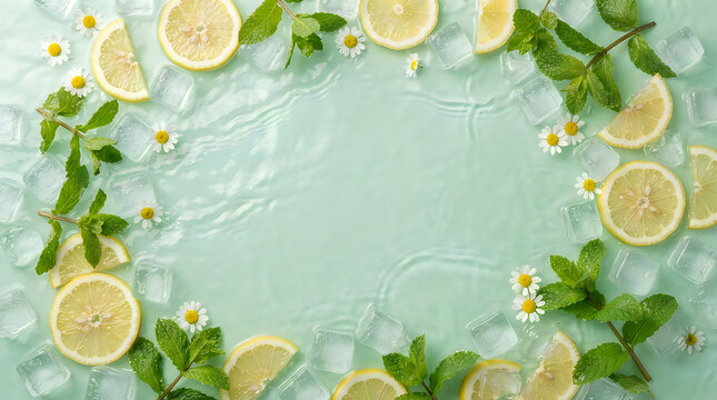 Top view of a refreshing summer drink frame made with fresh lemon slices green mint leaves and ice cubes on a light green background with space