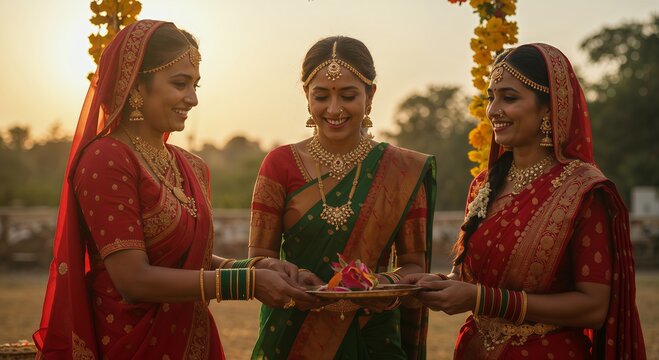 Hariyali Teej Three Indian Women Holding Offering Tray